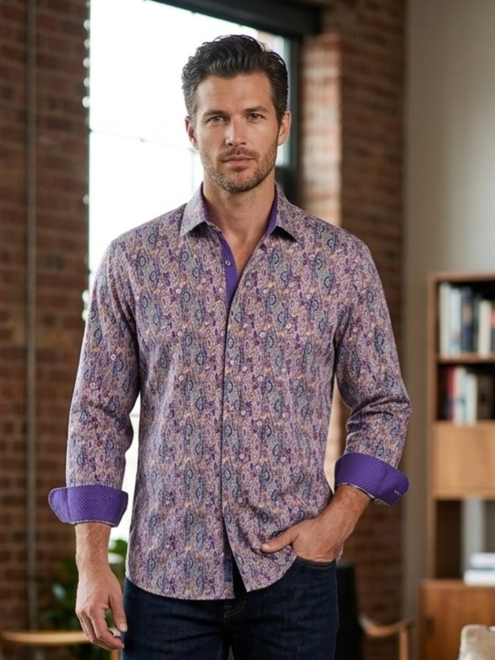 Envy Purple Paisley Boho Abstract  Geometric Button-Down Shirt 3XL